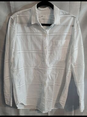 GAP Womens M White Eyelet-Striped Button Front Blouse Coastal Beach Summer